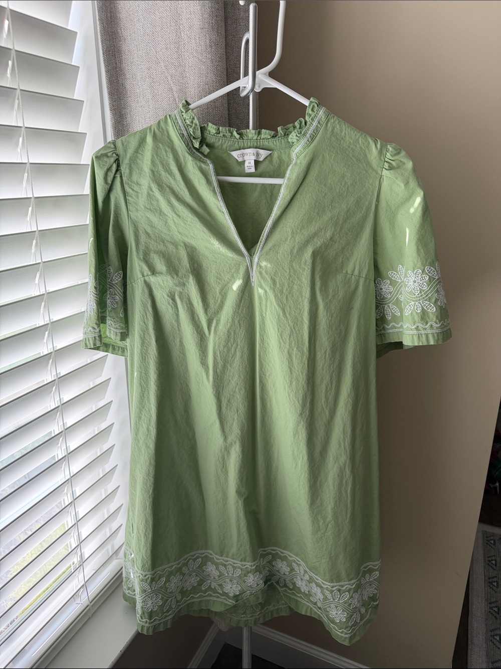 crown & ivy Sage Green Embroidered Short Sleeve Tunic